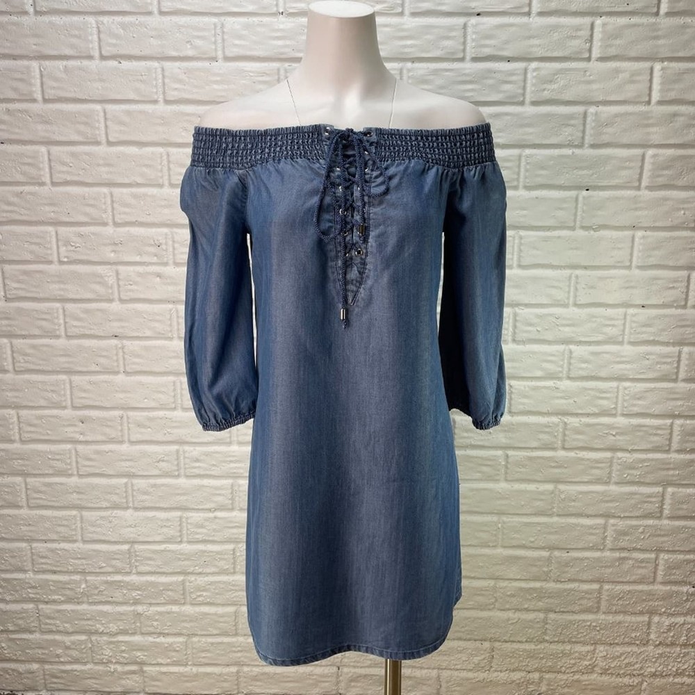 Bebe On Off Shoulder Dress Womens Small Blue Chambray ¾ Sleeve - Picture 4 of 11